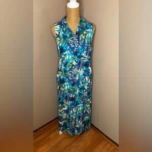 Vintage Bahama Beach Tropical Blue Print Maxi Dress Pockets Buttons Size Large